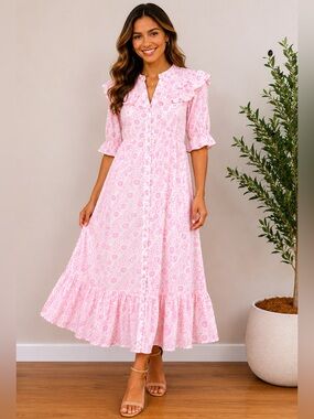 India Amory Pink Floral Ruffle Collar Maxi Dress Cottagecore Prairie Dress Small